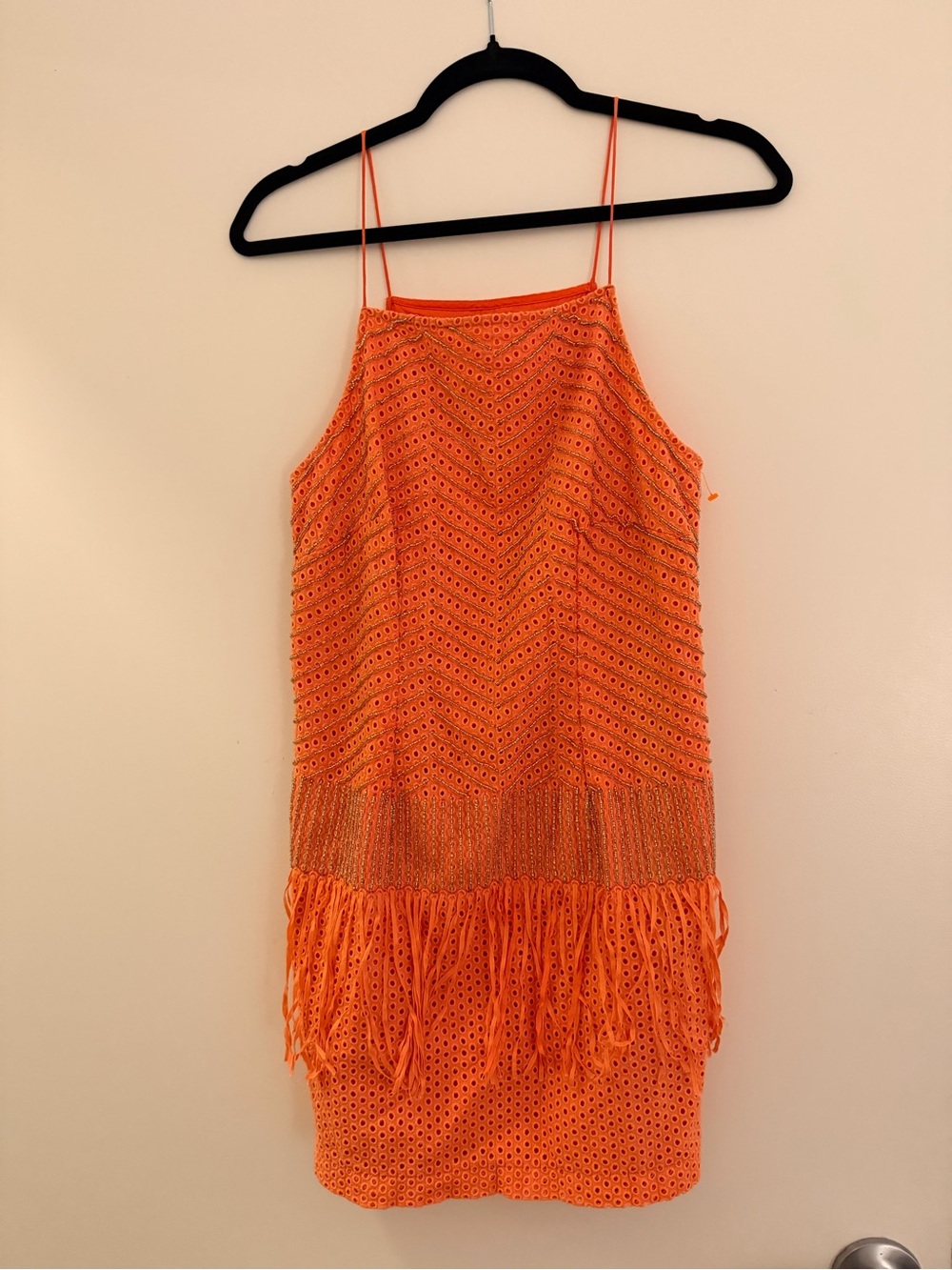 Brand New Nicole Miller Atelier Bright Orange Crochet Fringe Slip Dress